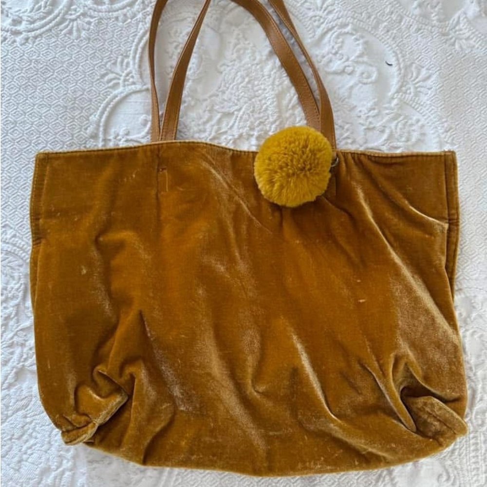 Velvet Tote Bag with Pom Pom - Mustard